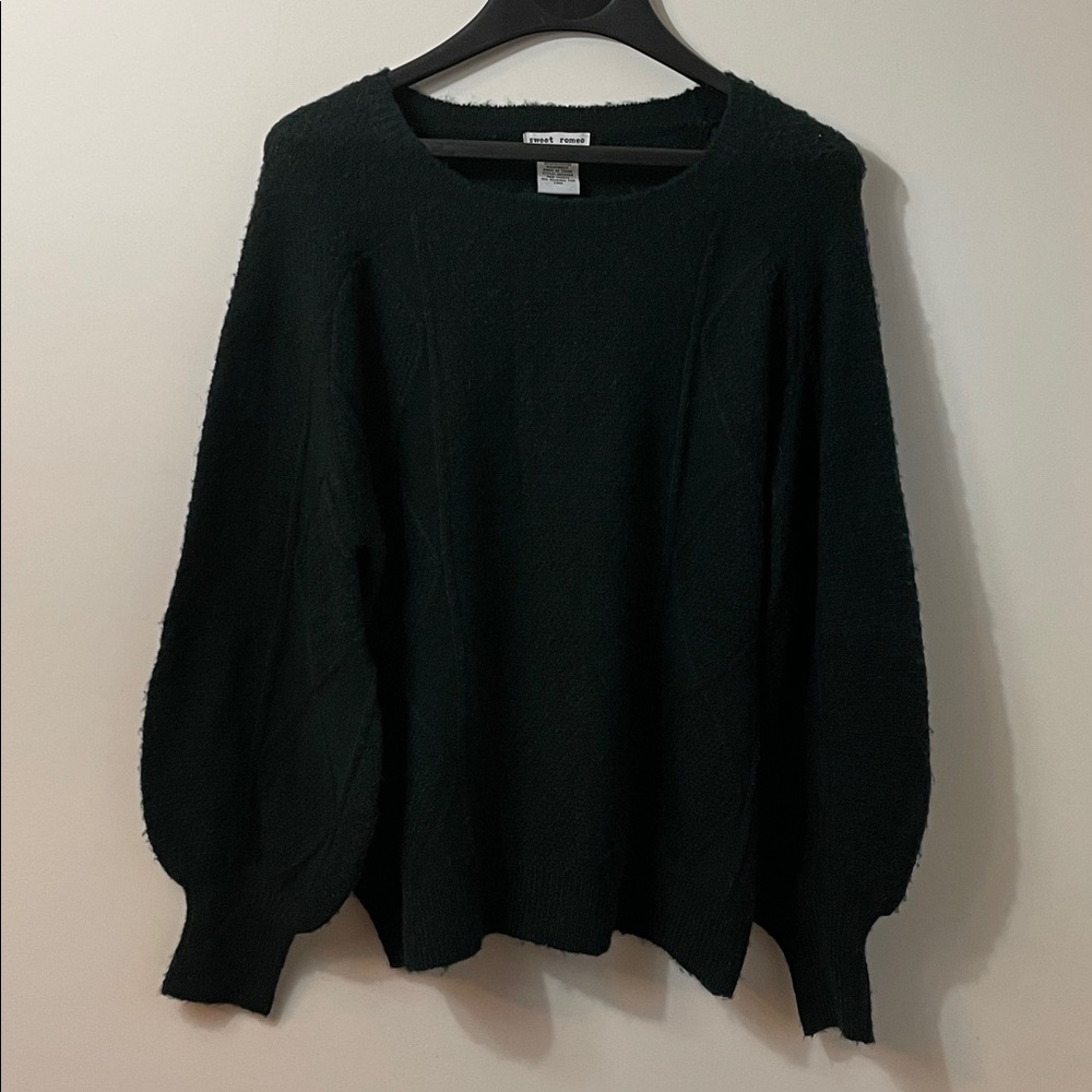 Sweet Romeo Dark Green Long Balloon Sleeve Argyle Textured Crew Neck Sweater M